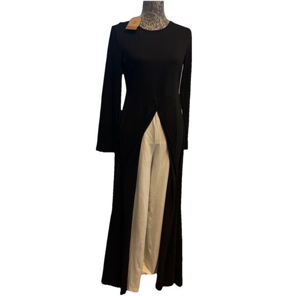 ZOLUCKY Two Piece Long Black Tunic Top Front Slit Wide Leg White Pants Sz Small - Picture 1 of 9